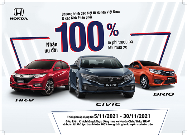 Hỗ trợ 100% lệ phí trước bạ cho khách hàng mua xe Honda Civic, HR-V và Brio trong tháng 11