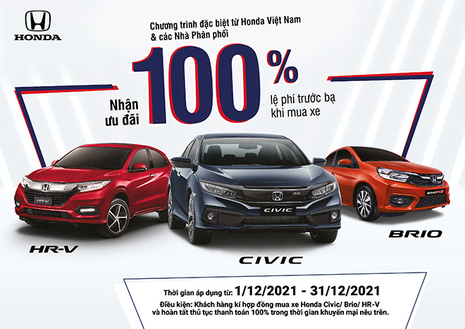 Nhận ưu đãi 100% lệ phí trước bạ khi mua Honda Civic, HR-V và Brio trong tháng 12